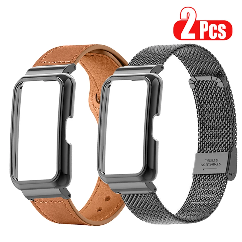 

Leather Bracelet+Cover For Huawei Band 8 7 6 Metal Strap Case Protector watchcase For Honor Band 7 6 Watchband Belt Frame Shell