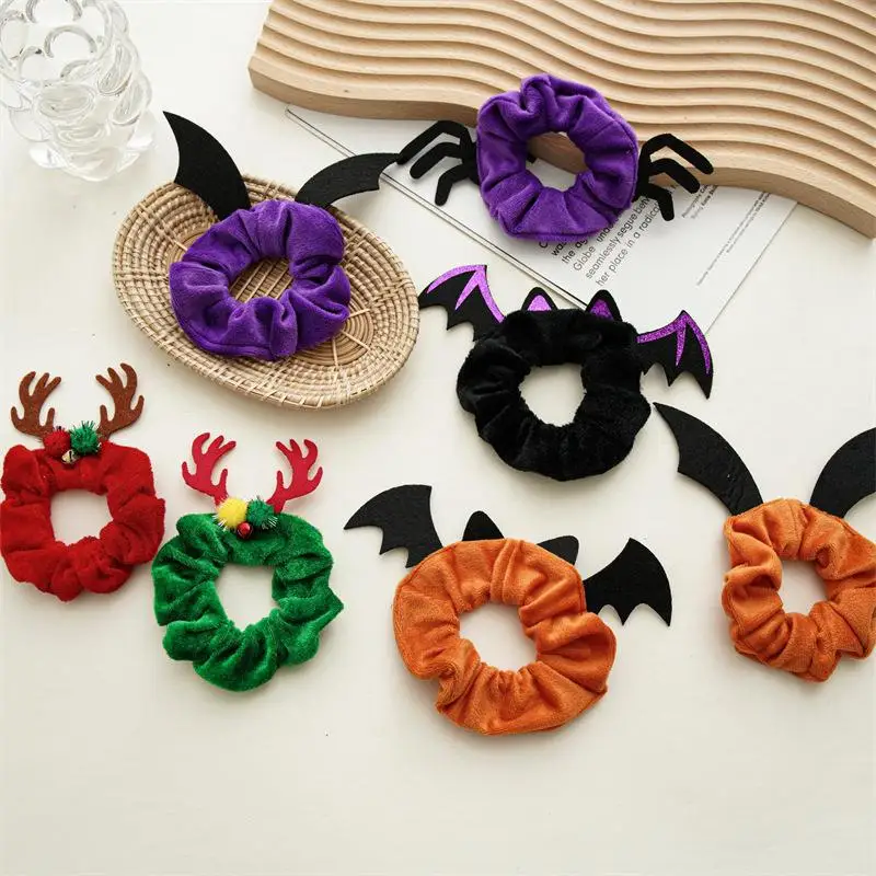 1Pcs Funny Velvet Hair Loop Deer Horn Bat Hair Rope for Women New Halloween Headwear Christmas Gift Decoration