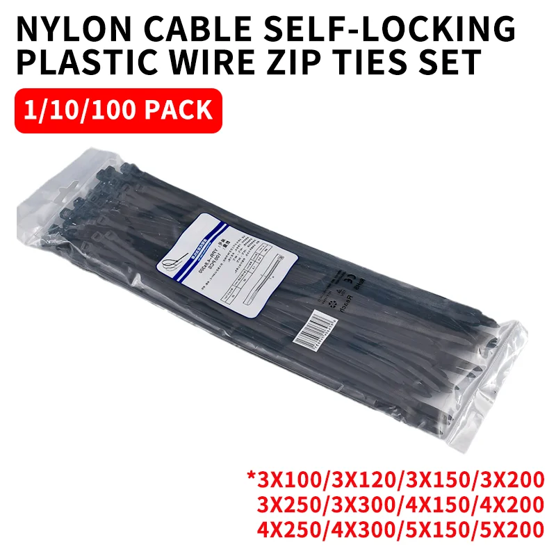 Pack of 1000/250Pcs Nylon Cable Tie Self-locking Wire Zip Ties Set Kit 3*100 3*150 4*200 Supply Fasteners Hardware Cable Ties