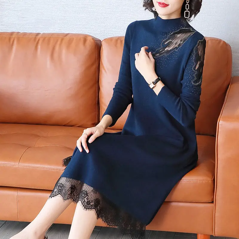 

New Women's Dresses Autumn Female 2024 Casual Loose Long Sleeve O-neck Knitted Harem Elegant Dress Ladies G733