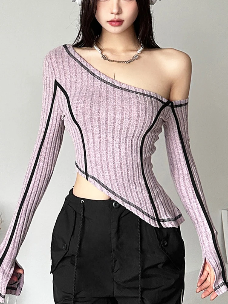 

Y2k Crop Top Women Off Shoulder Slim Fit Women Pullovers T Shirt Gyaru Fashion Long Sleeve T-shirts 2023 Autumn New Female Tees