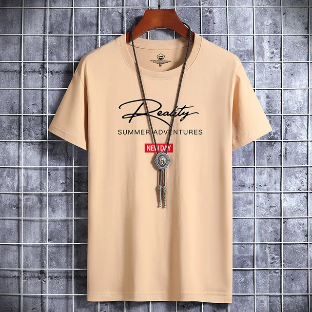 2022 NEW Letter Printing 100% Cotton Men T Shirt Hip-Hop Cotton T-shirt O-neck Summer Male Causal Tshirts Fashion Loose Tees J02 Khaki