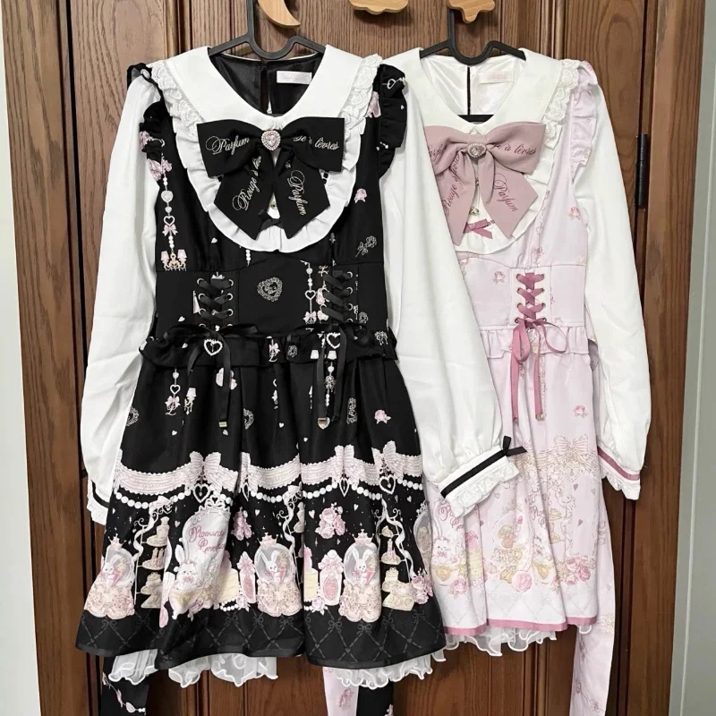 Japanese Y2K Aesthetics Vintage Bow Dress Shorts Set Women Gothic Lolita Style Long Sleeve Shirt Dress Elegant Party Dress Suits 6
