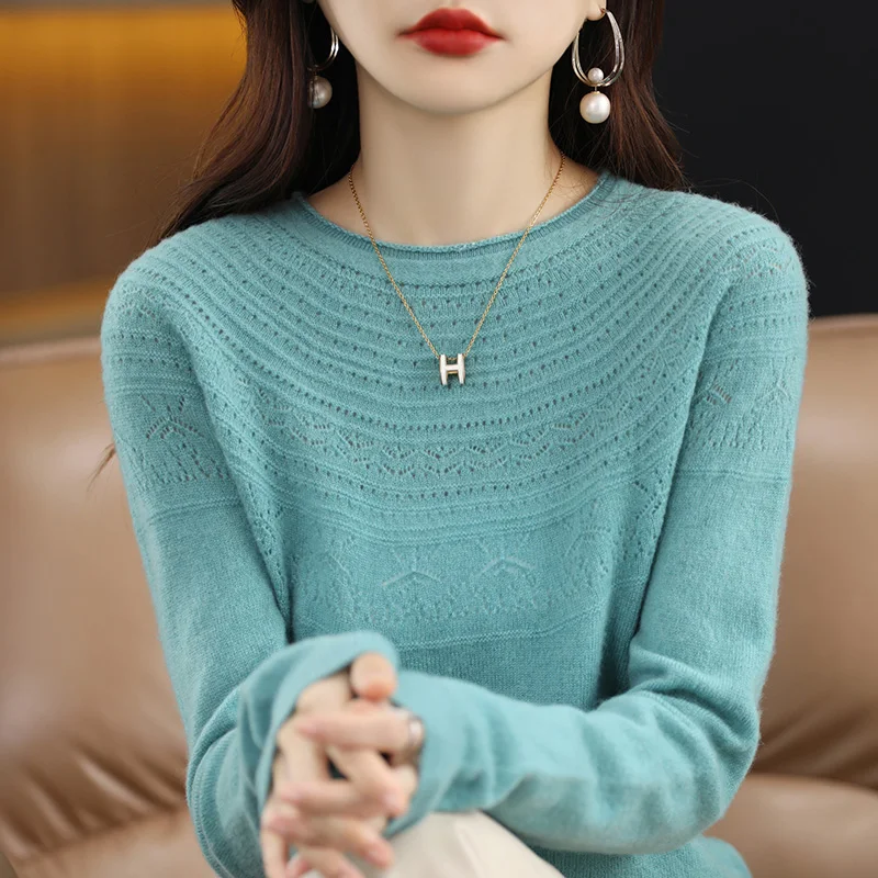 Suéter de caxemira de primeira linha feminino, malha solta, cor sólida, estilo ocidental, pronto para vestir, outono e inverno, 100%