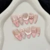 10pcs Sweet Ballet Wearable Fake Nails Handmade Pink French Style 3D Bowknots Press On Nails Ice Transparent Almond False Nail