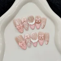 10pcs Sweet Ballet Wearable Fake Nails Handmade Pink French Style 3D Bowknots Press On Nails Ice Transparent Almond False Nail