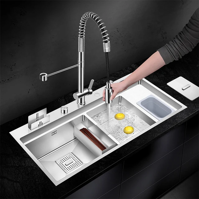 ASRAS อ่างล้างจานคู่ SUS 304 สแตนเลส 4 มม.ความหนา Handmade แปรงขนาดใหญ่ 2 ชามอ่างล้างจานพร้อมถังขยะ 3