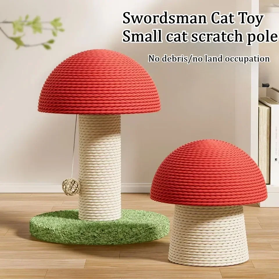 KittyNook Cat Co. Decorative Cat Climbing Post shaped like red mushrooms with hanging ball on green turf base.
