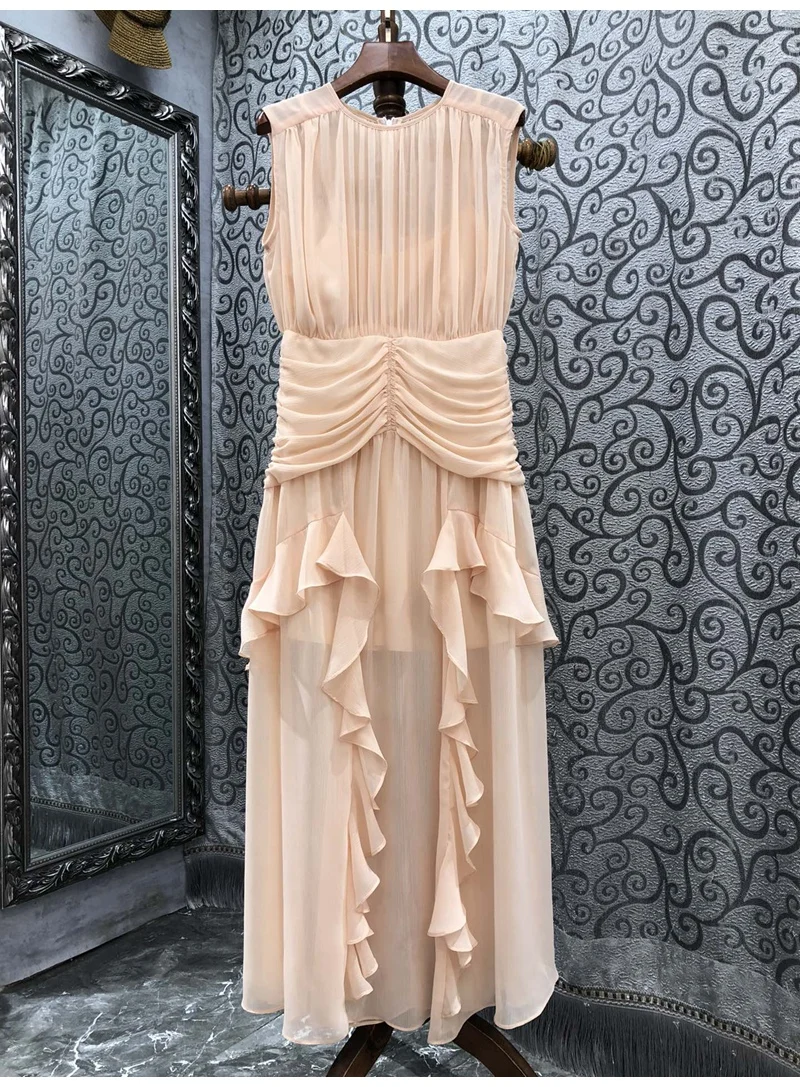 

Long Dress 2023 Spring Summer Style Women O-Neck Ruffle Floral Patchwork Sleeveless Casual Apricot Blue Maxi Dress For Party
