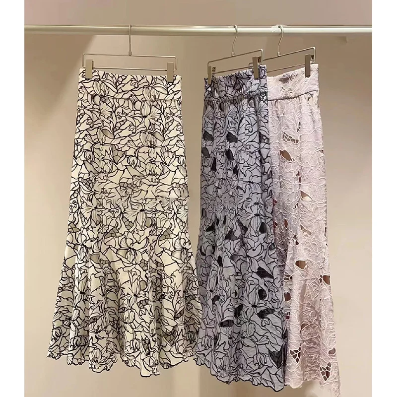 

Kuzuwata High Waist Lace Skirts Women Fishtail Flower Embroidery Hollow Out Faldas Mujer Moda 2023 Mermaid Trumpet Japan Jupe