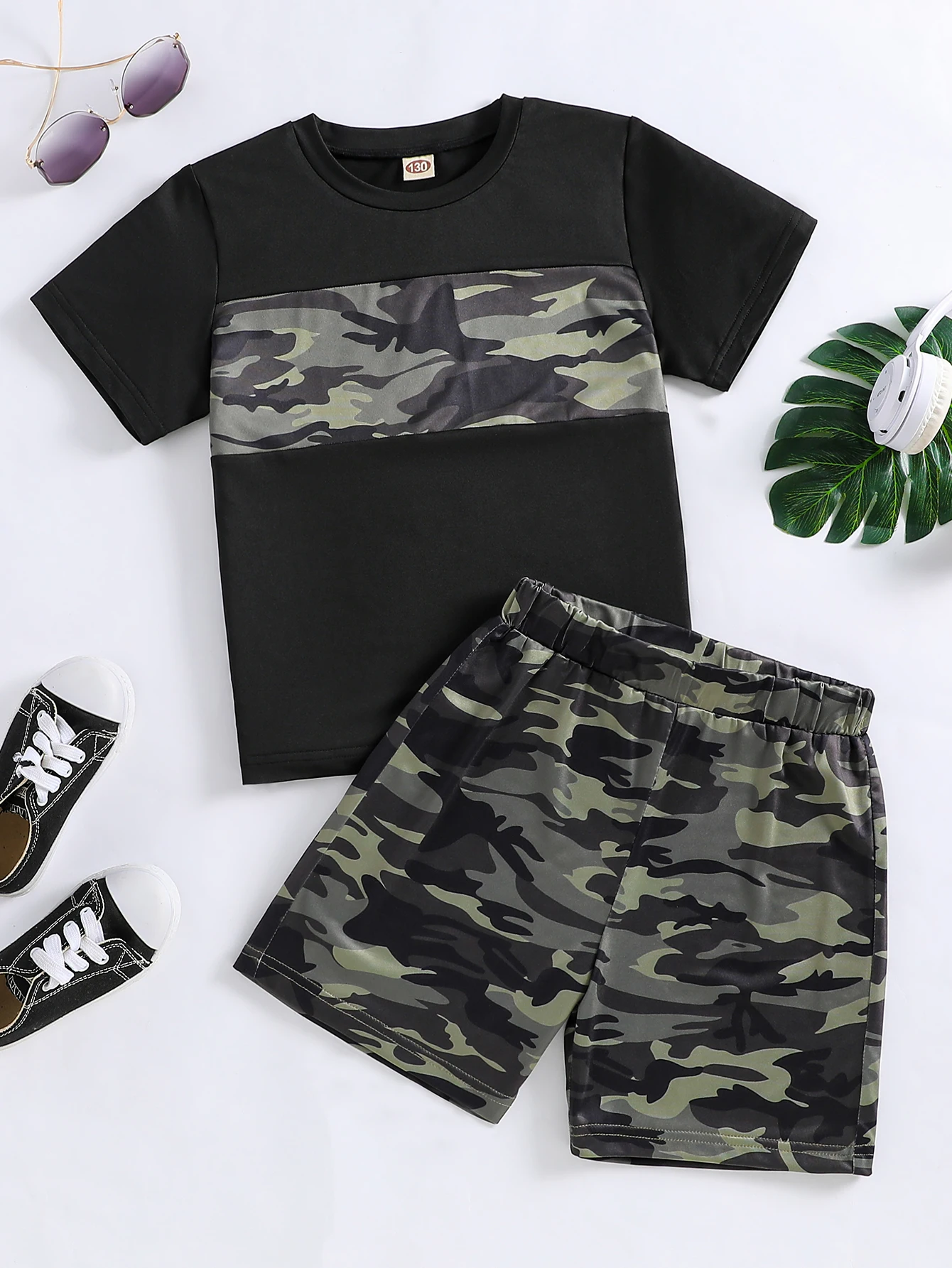 2025 New Hot-Selling Cool Camouflage Printed Short-Sleeved Camouflage Shorts Suit for Boys and Girls, Simple, Fashionable and Casual Style