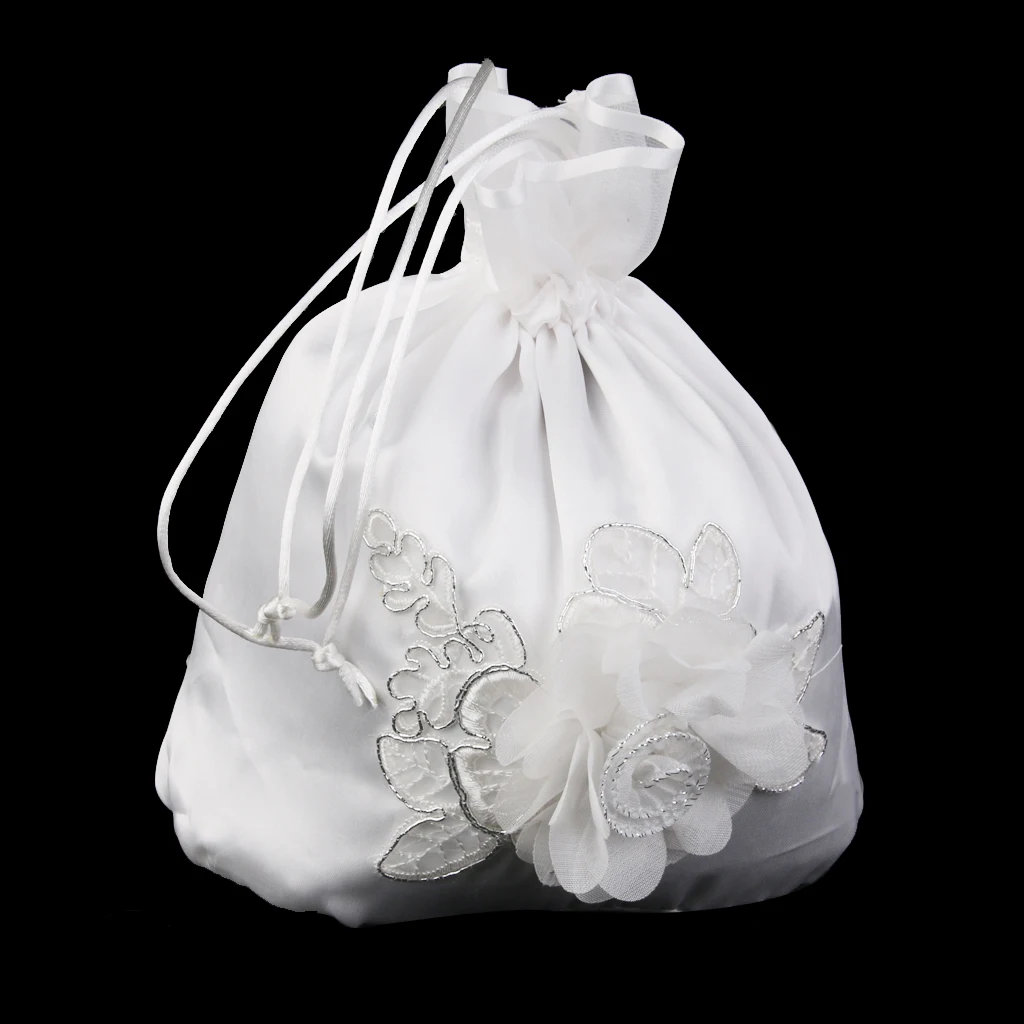 Wedding Bridal Flower Girl Drawstring Dolly Bag Crystal White