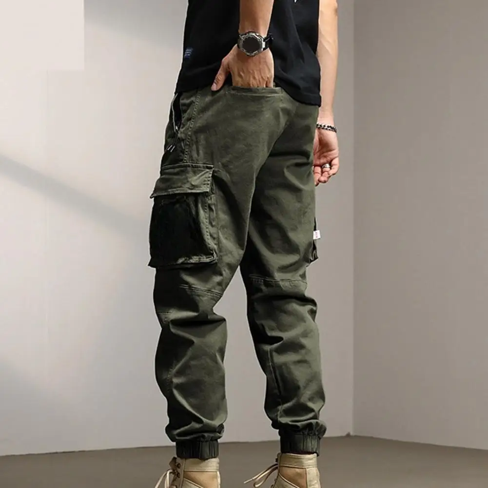 Men Solid Color Pants Men's Cargo Pants with Ankle-banded Design Multiple Pockets Elastic Waist for Sports Comfortable Wear