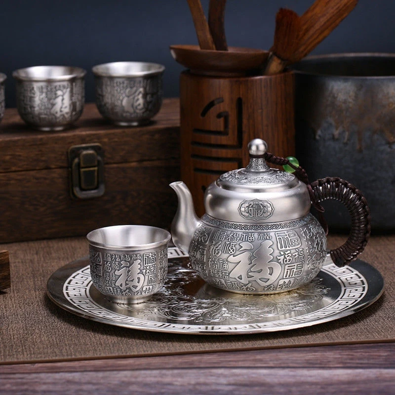 

Baifu 999 silver tea set silver master cup Chinese set 1 tray 1 Pot 4 cups retro tea pot gift