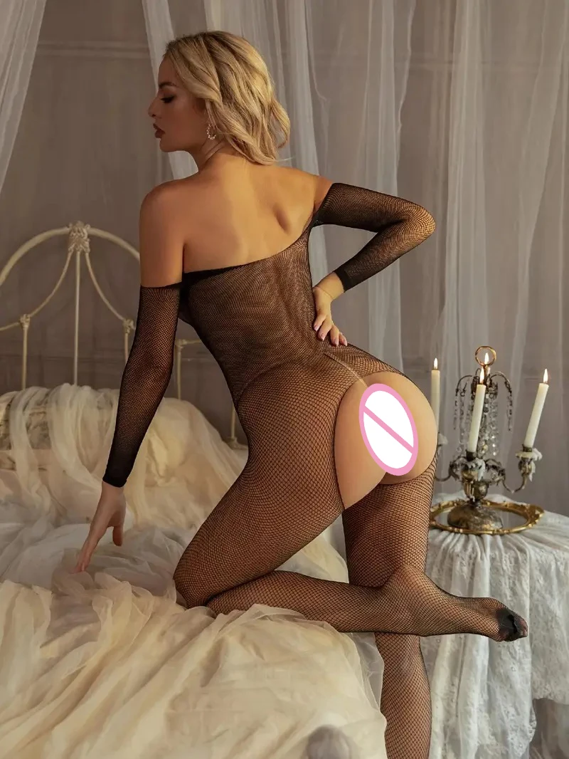 Lingerie Sexy Bodysuit Full Sleeves Bodysuit Mesh Pantyhose Babydoll Off Shoulders Nylon Shiny Pantyhose Hosiery Fishnet