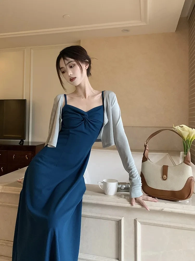 2023 New Summer New French Design Sense Halter Dress Set Women Gentle Wind  Sunscreen Cardigan Waist Thin Dresses - AliExpress