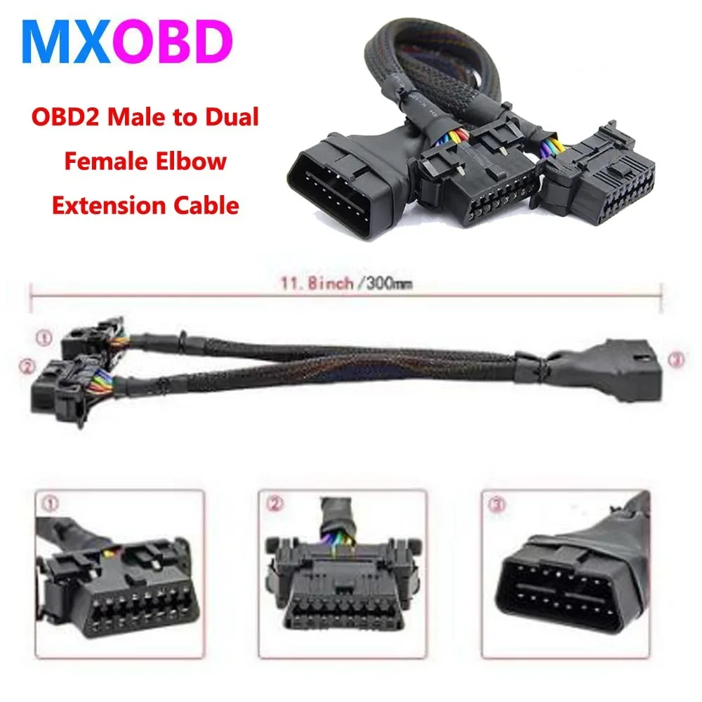 

OBD2 Male to Dual Female Elbow Extension Cable with 16pins Available to Connected 1 IN 2 Converted OBD 2 Extender Adapter 30cm