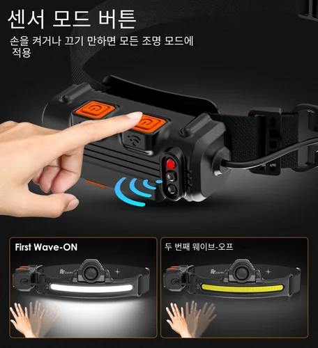 웨이브 센서 LED 전조등, 강력한 XPG + COB 헤드라이트, 내장 18650 배터리 포함 2
