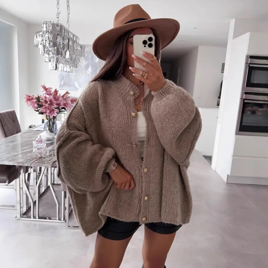 Women's Oversized Knit Cardigan - Chunky Crew Neck Gold Button Front Lounge Wear Fall Winter Comfort Plus Size 1