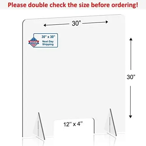 Sneeze Guard Partition For Desk, Counter And Table, Portable Plexiglass Barrier, Same-Day Shipping, Clear Acrylic Shield (30""W 3