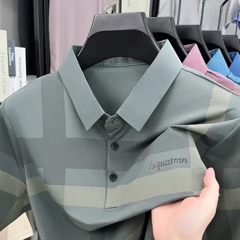 Polo da uomo con stampa geometrica, tessuto morbido e traspirante, con logo sul petto, manica corta, per affari