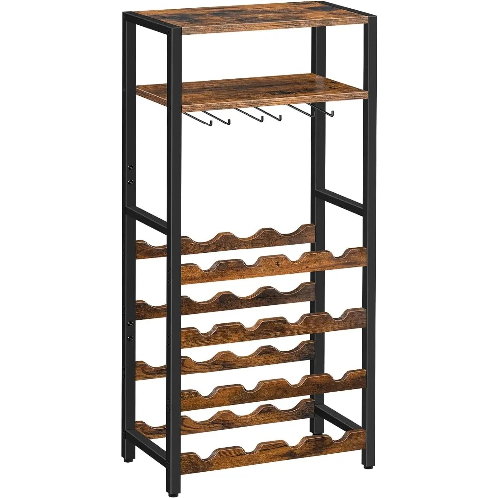 Freestanding Wine Rack, 16-Bottle Wine Storage Rack with Tabletop and Glass Holder, 6-Tier Bar Rack, Rack