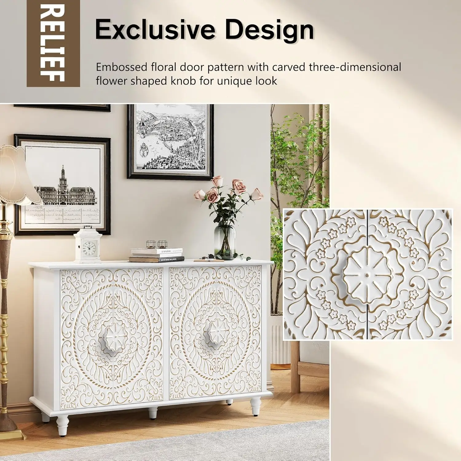ARTPOWER Decorative Sideboard Buffet Cabinet with 4 Doors, White Accent Storage Cabinet with Carved Flower Pattern
