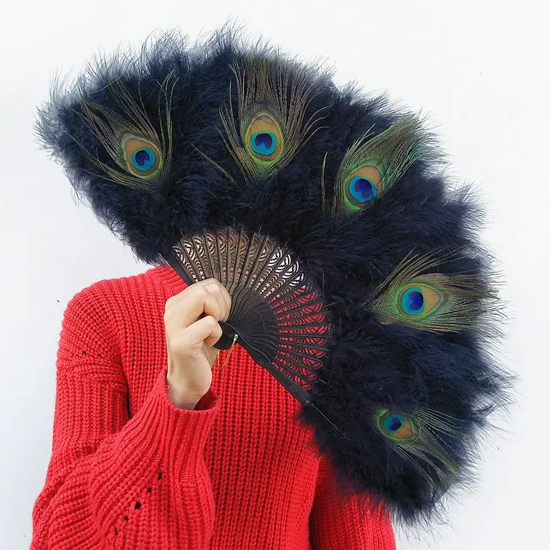 Chinese Feather Fan Peacock Feather Folding Hand Fan for Wedding Party Cosplay Dance Home Decoration folding fan hand fan