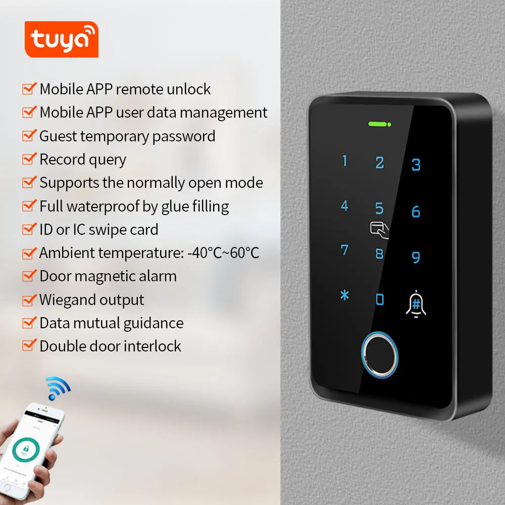 Tuya Wifi Fingerprint Access Control Keypad Outdoor Waterproof Remote Door Opener Master Card App Temporary Password Interlock