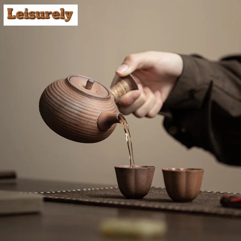 220ml Old Rock Clay Coarse Pottery Side Handle Teapot Retro Tea Infuser Pot Tea Making Kettle with Filter Tea Services Ornaments