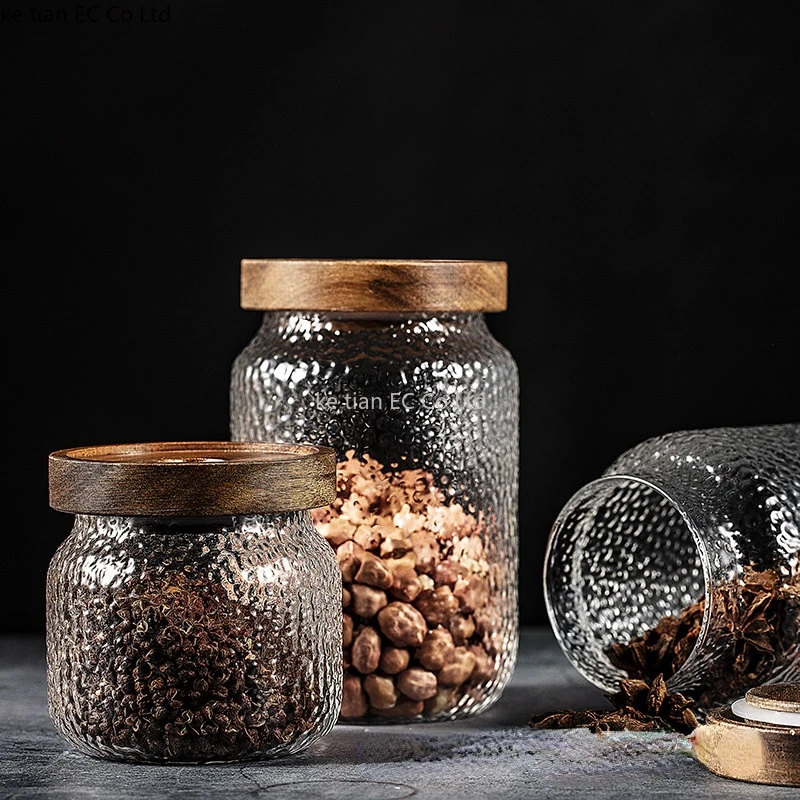 400-1000ML Acacia wood cover glass jar transparent hammered glass sealed jar spice storage bottle coffee bean tea storage jars 2