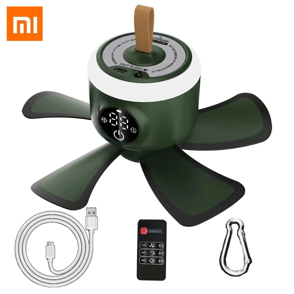 

New Xiaomi Ceiling Fan Timing Camping Fan 8000mAh USB Rechargeable Remote Control 4 Gears Cooler With LED Lamp For Home Outdoor