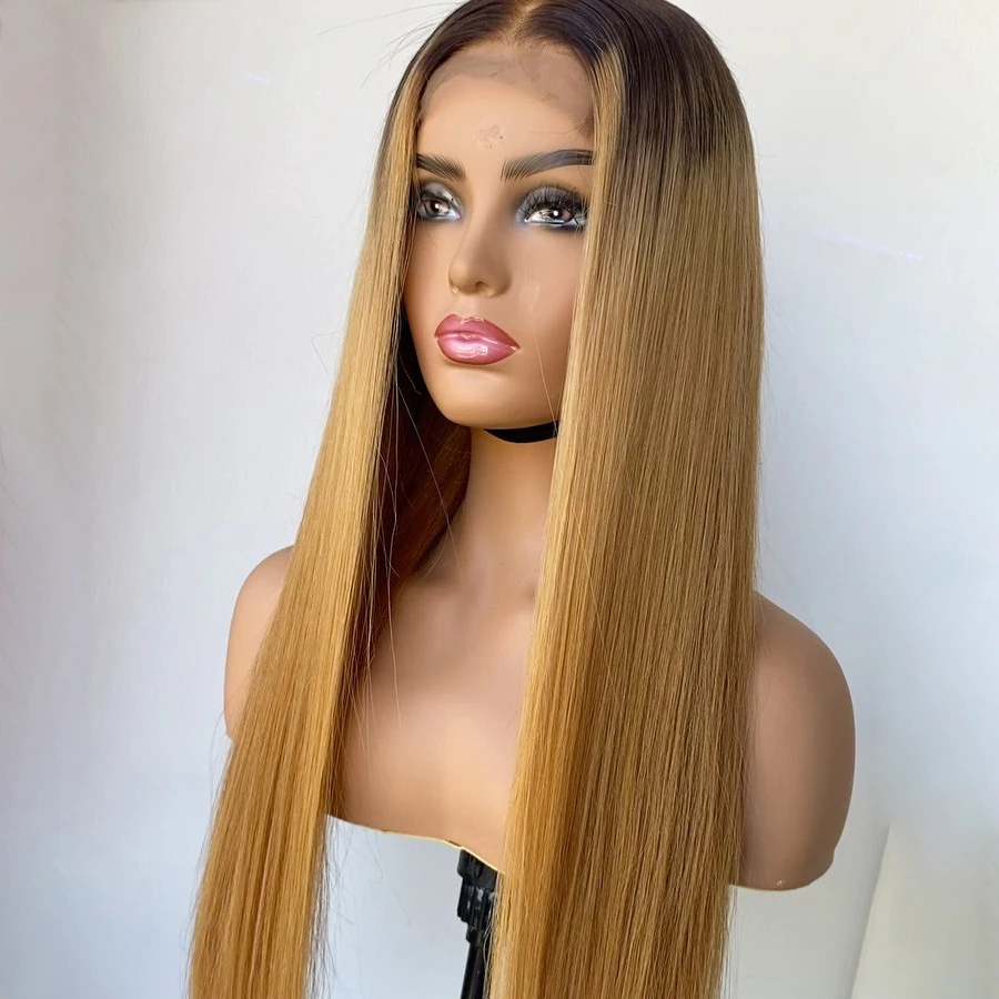 

Soft Preplucked Ombre Honey Blonde Brown 180Density 26"Long Straight Lace Front Wig For Black Women With Babyhair Glueless Daily