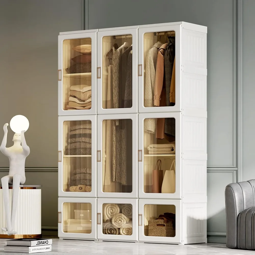 Portable Closet Storage Organizer Magnetic Transparent Door and Easy Assembly 8 Cubes & 2 Hanging Rod, Wardrobes 2