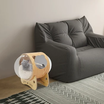 Wooden Spaceship Pet Bed for Cat & Dog Window Capsule-shaped Cat Bed Made of Wood House Cat Bed Indoor with Cushion 5