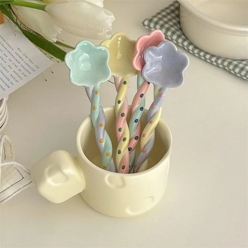 

Korean-style Cute Twist Handle Ceramic Coffee Spoon Color Twisted Hand-painted Dot Star Fairy Stick Dessert Stir Spoon