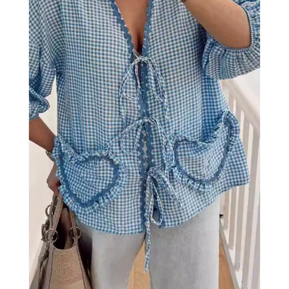 Women Heart Pattern Pocket Lantern Sleeve Plaid Blouse Summer Fashion Casual Tied Detail Ruched Design T Shirt Blouse Workwear