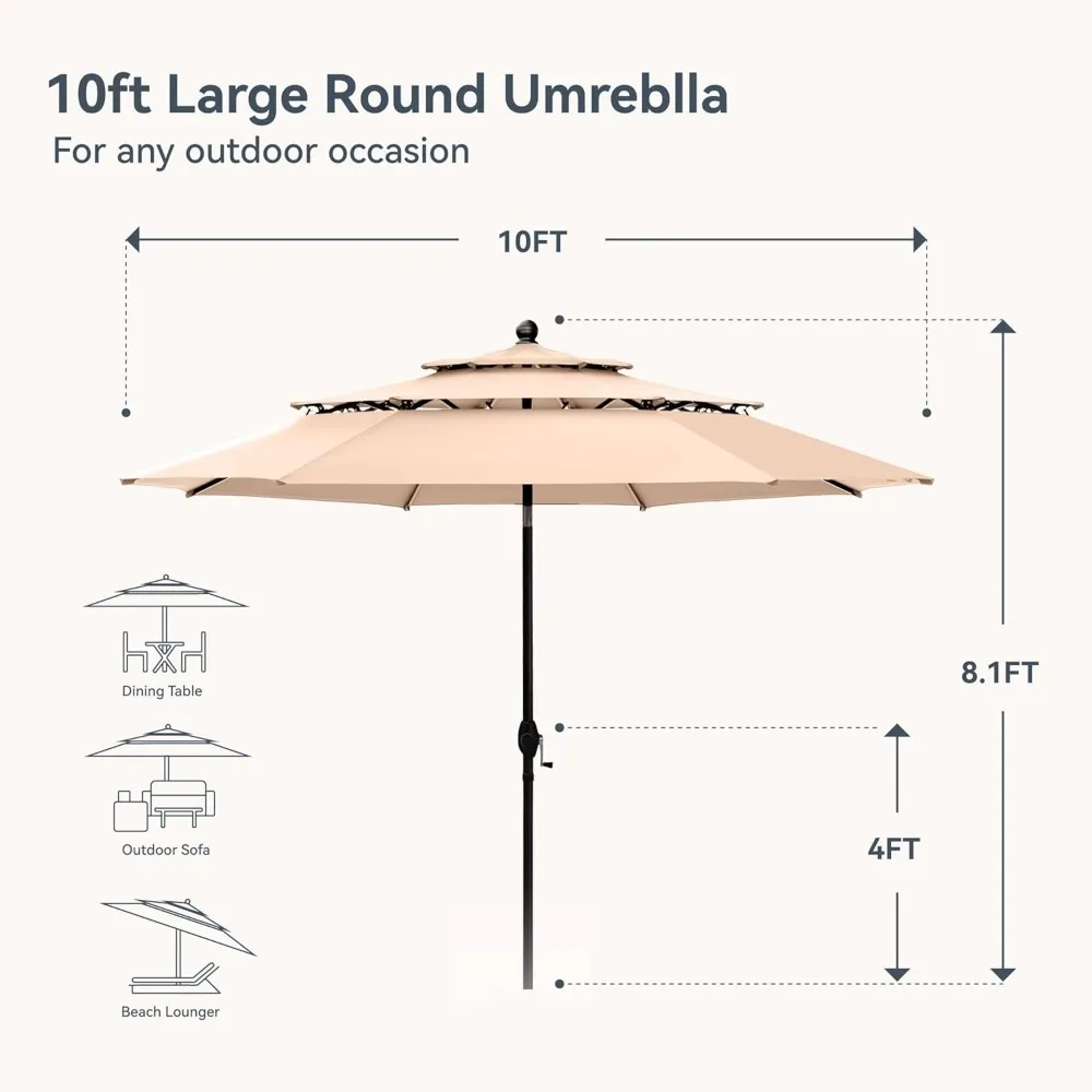 10ft Patio Umbrellas, Outdoor 3 Tier Vented Large Market Table Umbrella with 8 Sturdy Ribs and 1.5" Umbrellla Pole 6