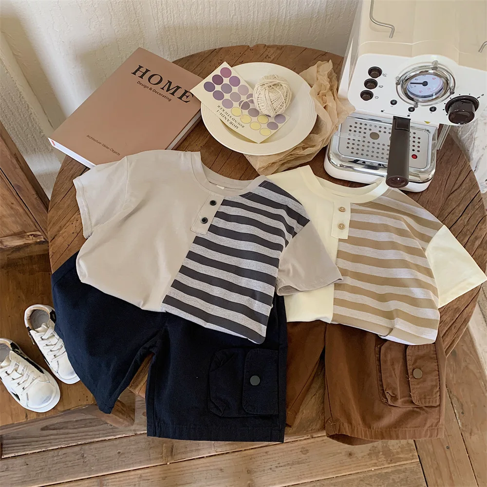 

Children's Clothing Sets 2023 Summer Korean Kids Boys Set Simple T-Shirt+Cotton Loose Knee Length Pants Two Piece Fashion Suits