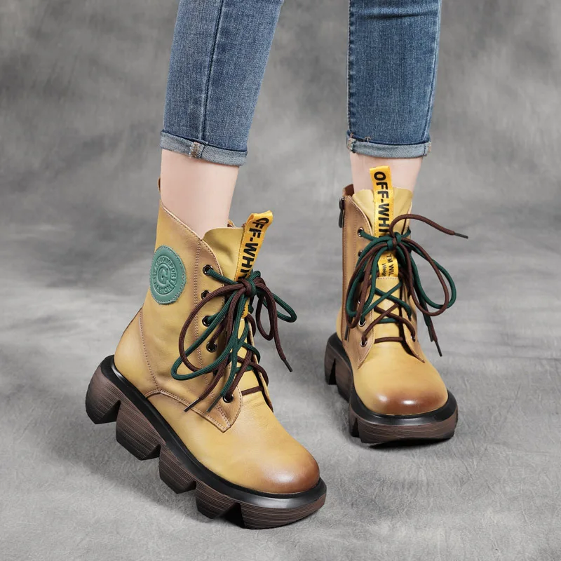 

Jishu осенне-зимние новые однослойные ботинки на толстой подошве двухцветные кожаные повседневные ботинки со шнуровкой