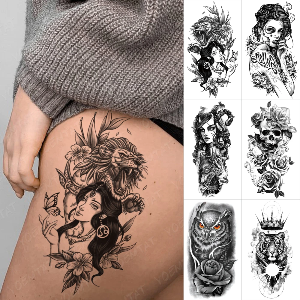 

Waterproof Temporary Tattoo Sticker Evil Witch Anime Cool Girl Beast Princess Tatto Women Men Owl Rose Arm Body Art Fake Tattoos