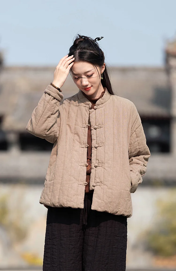 Johnature Women Chinese Style Linen Parkas Solid Color Stand Long Sleeve Winter Coats 2025 New Button Plus Cotton Warm Parkas