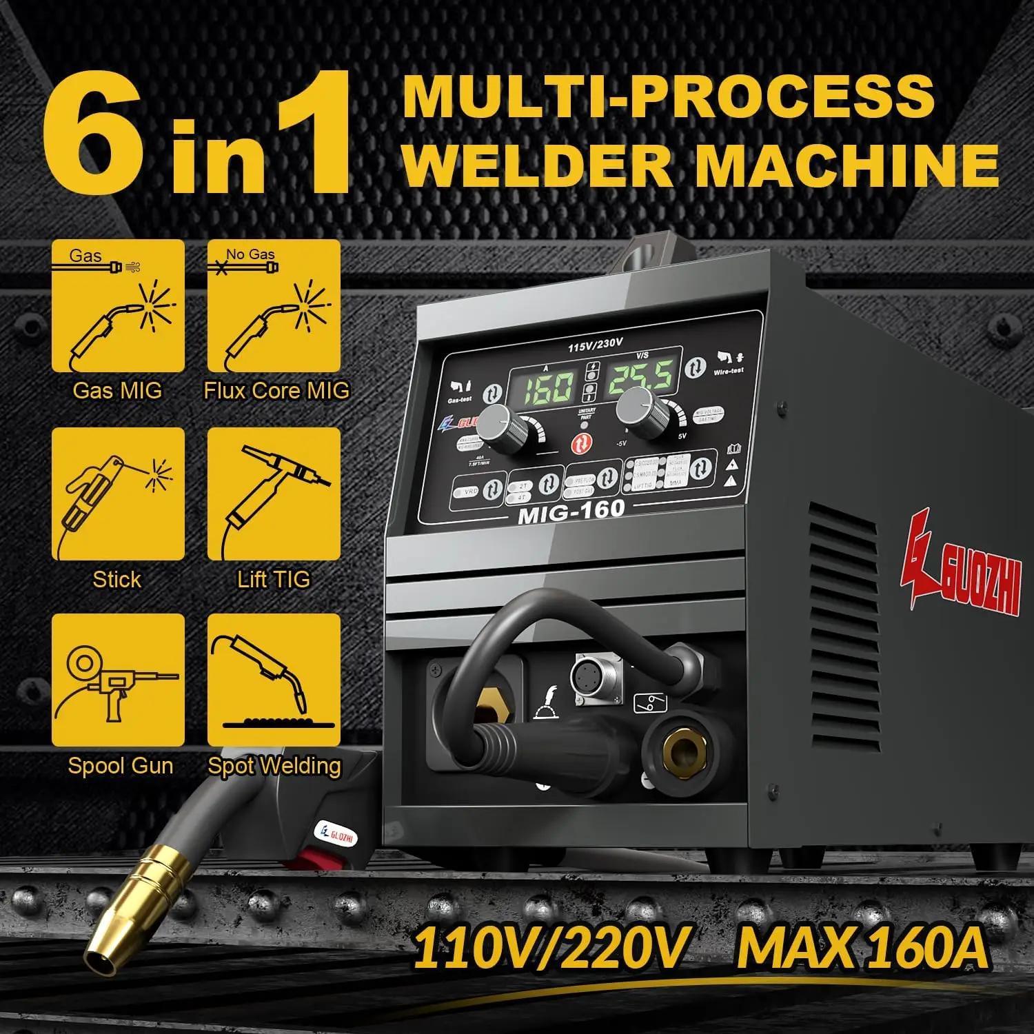 160A Mig Welder 110V/220V Dual Voltage 6 in 1 Stick Welder/Gas Mig/Gasless Flux Core Mig/Lift TIG/Spot Welding/Spool Gun 2
