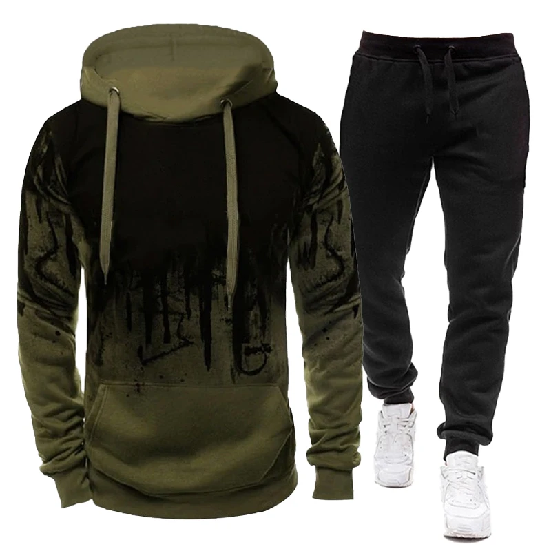 Fashion men's sportswear set Men's splashed ink hoodie+pants two-piece set Spring Autumn Winter jogging suit two-piece set
