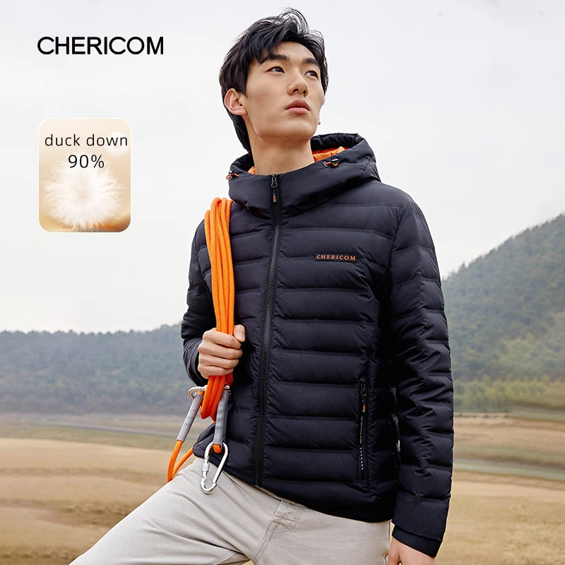 Chericom Men's Short Contrast Color Printed Hooded Lightweight Down Jacket High Elastic Fabric Comfortable Puffer Coats 289512