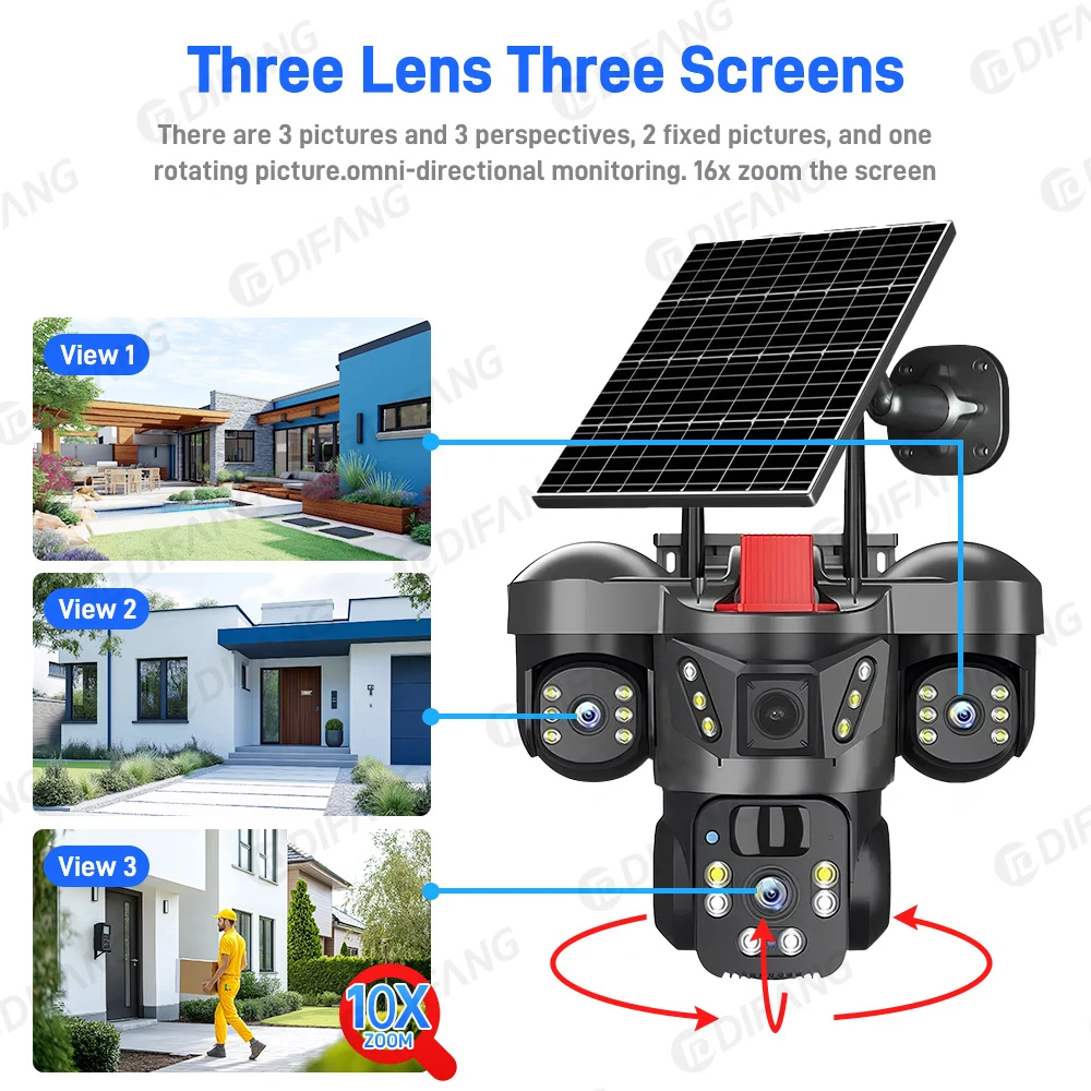 Telecamera Solare Wireless WiFi 8K 15MP con Tre Obiettivi e Tre Schermi, Scheda SIM 4G, Rilevamento Umano, Sorveglianza Esterna V380 - immagine 2