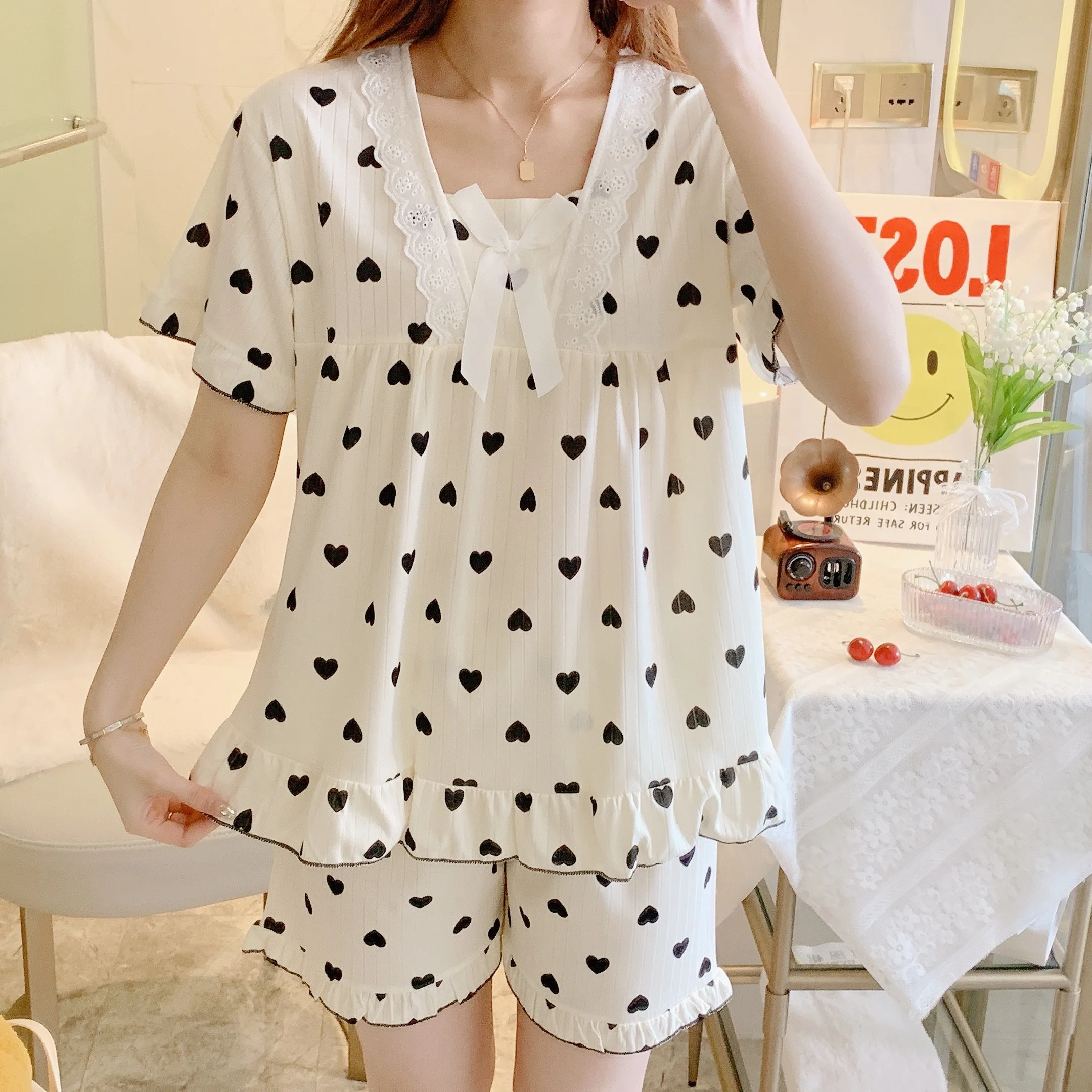 Brand new 2024 women's pajama set summer home set pajamas knitted cotton love print pajamas home clothes ins pajamas 2-pack