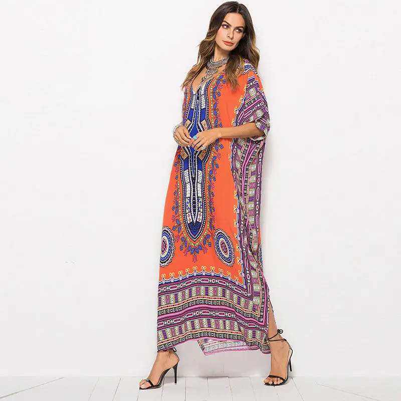 

Women Summer Holiday Casual Long Dress C Loose V Neck Patchwork Split Vestidos Short Sleeve Party Dresses Elegant Beach