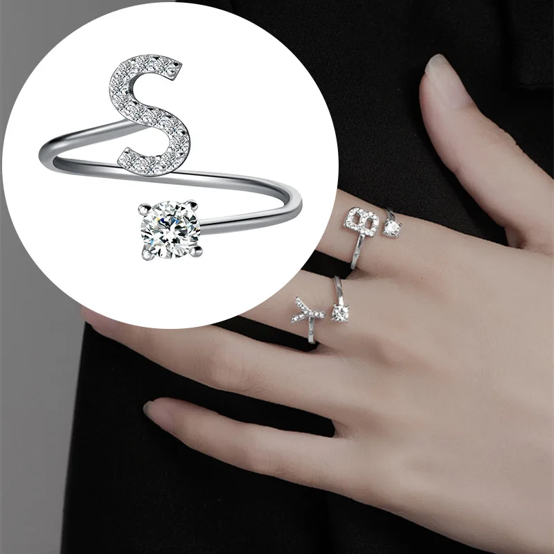 Zircon Initial A-Z Letter Ring For Women Metal Adjustable Opening Ring Name Alphabet Female Wedding Gift opening ring