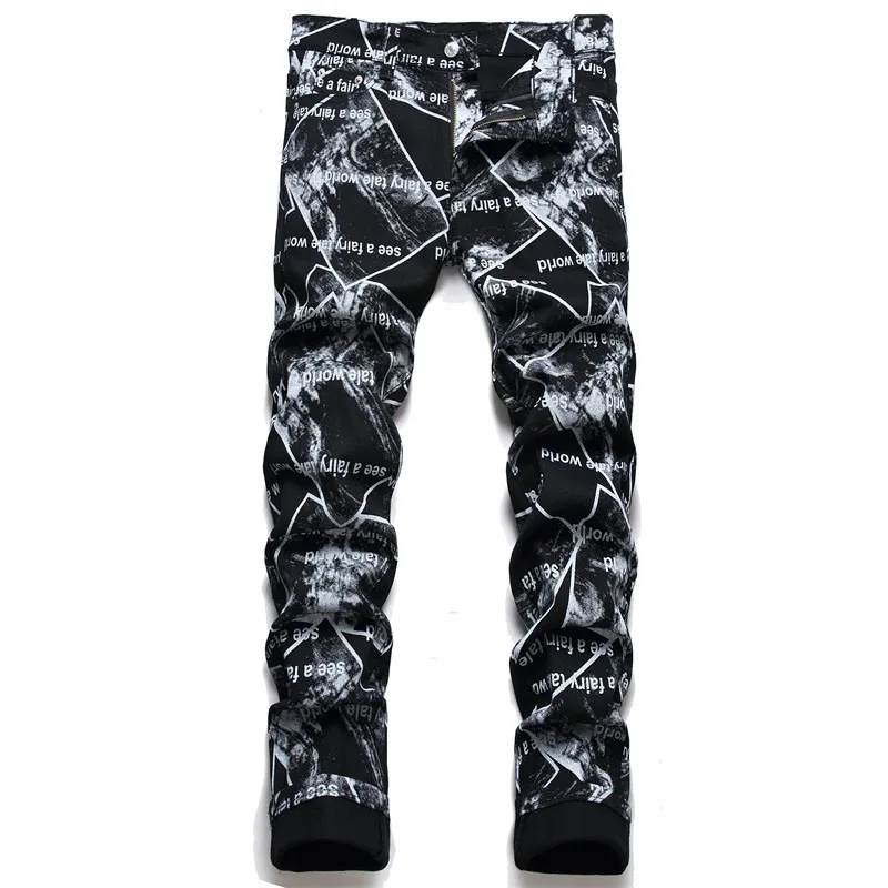 

High Street Men's Black Jeans Digital Printed Mid-Waist Slim Stretch Trousers Punk Hip Hop Clothing Fashion Streetwear